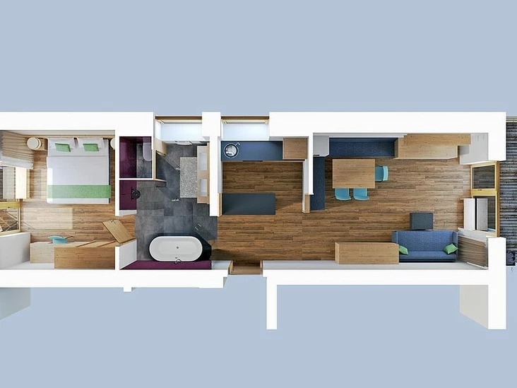 Room layout | Wildkar SummitSuite | 60 m2 | 2-4 people | 5* DasPosthotel
